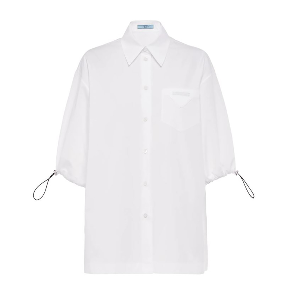 Front view of Prada Women Puffy Sleeve Poplin Blouse-White with puff sleeves