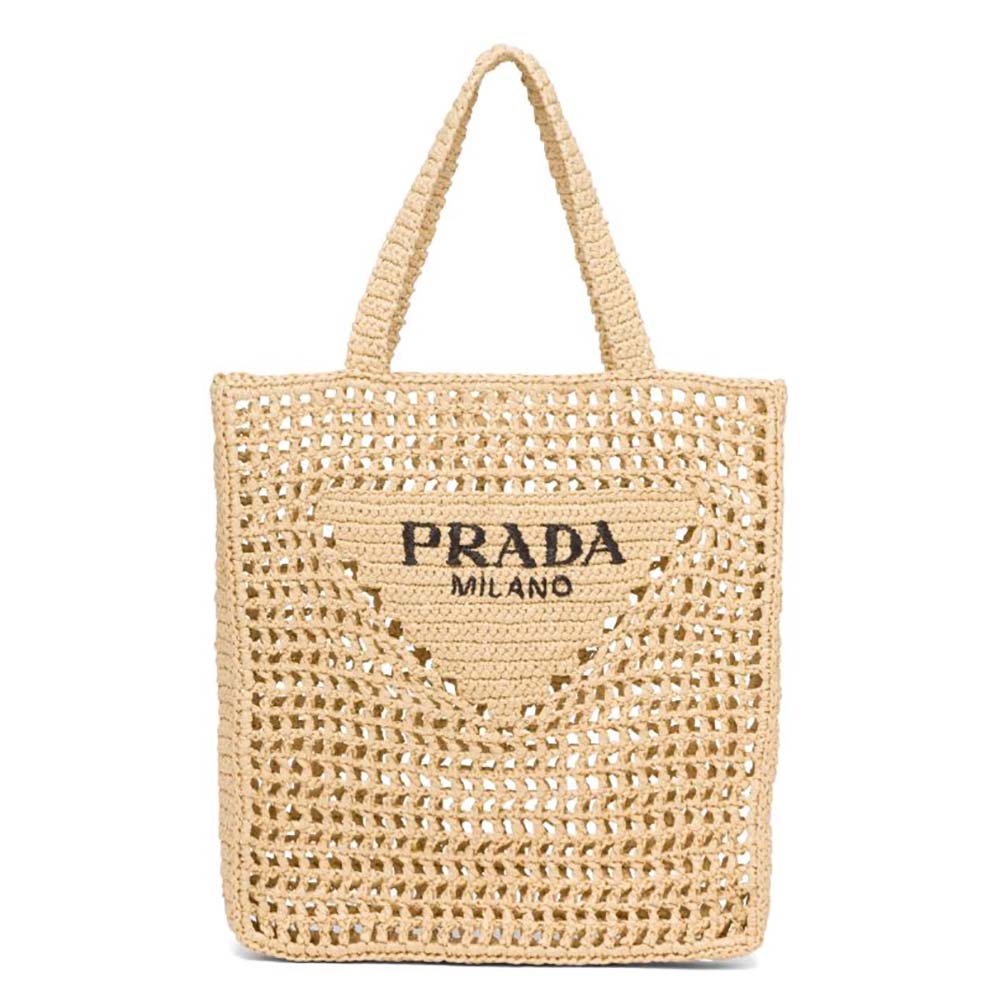 Front view of Prada Women Raffia Tote Bag-Natural showing woven texture