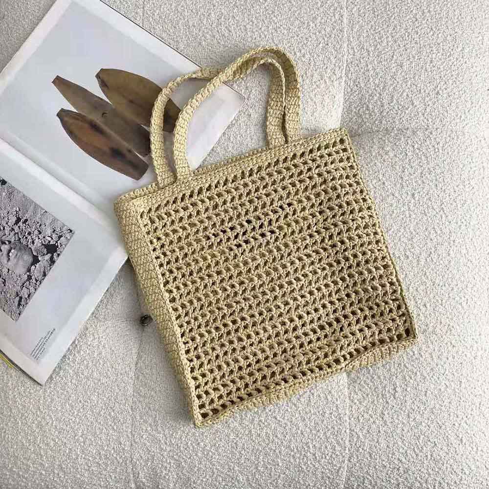 Side angle of Prada Women Raffia Tote Bag-Natural highlighting spacious silhouette