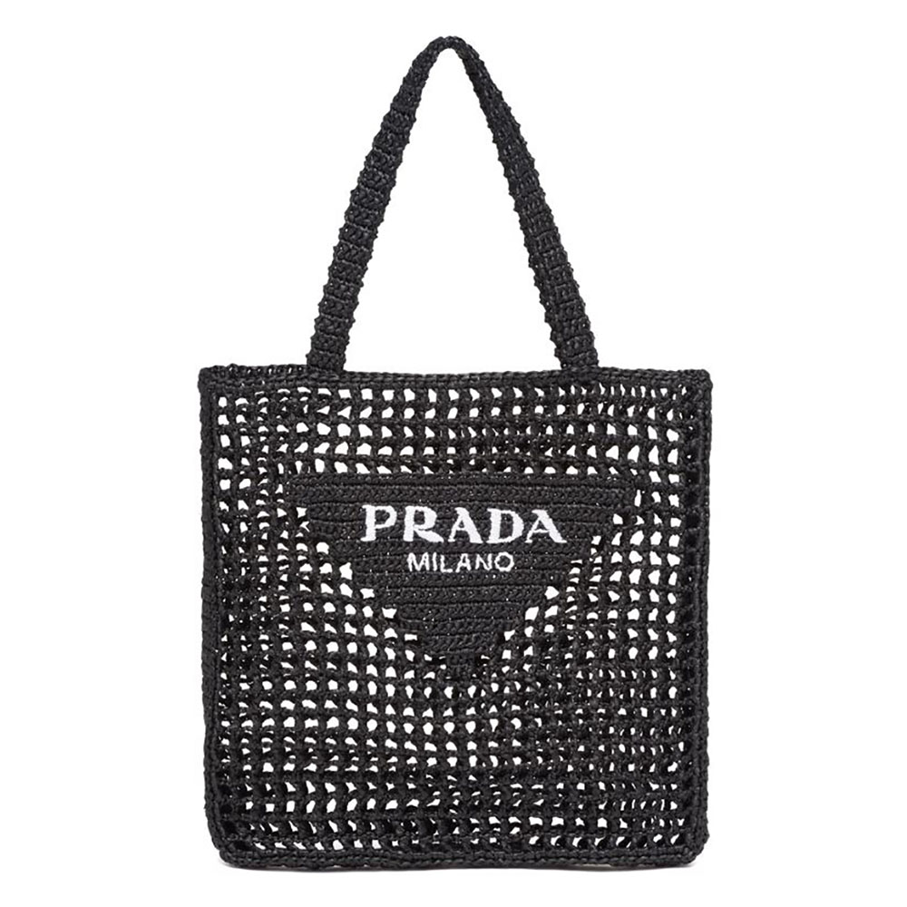 Front view of Prada Women Raffia Tote Bag-Black showing raffia texture