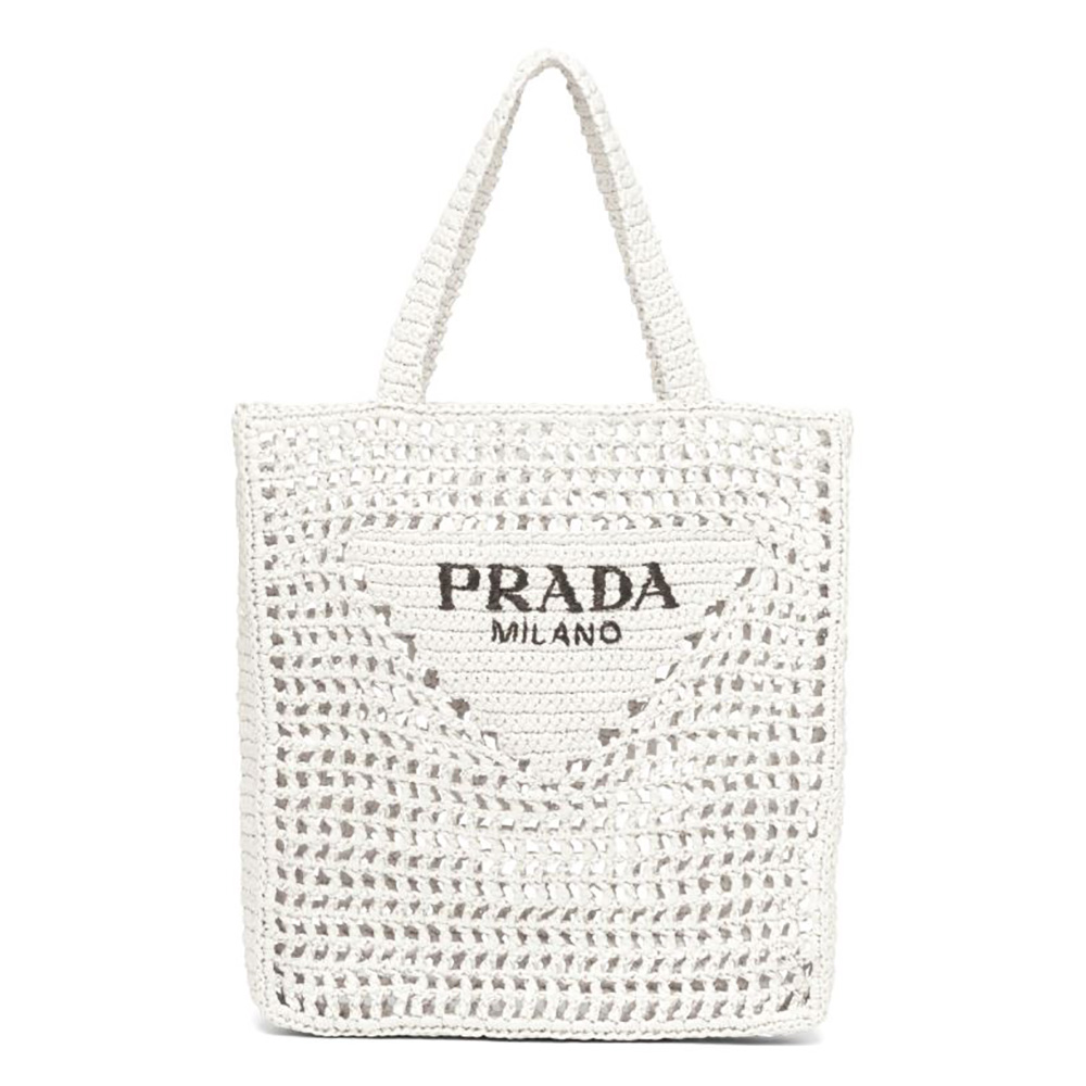 Front view of Prada Women Raffia Tote Bag-White on plain background