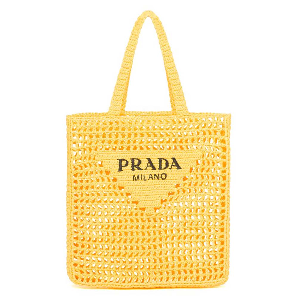 Front view of Prada Women Raffia Tote Bag-Yellow showcasing woven texture