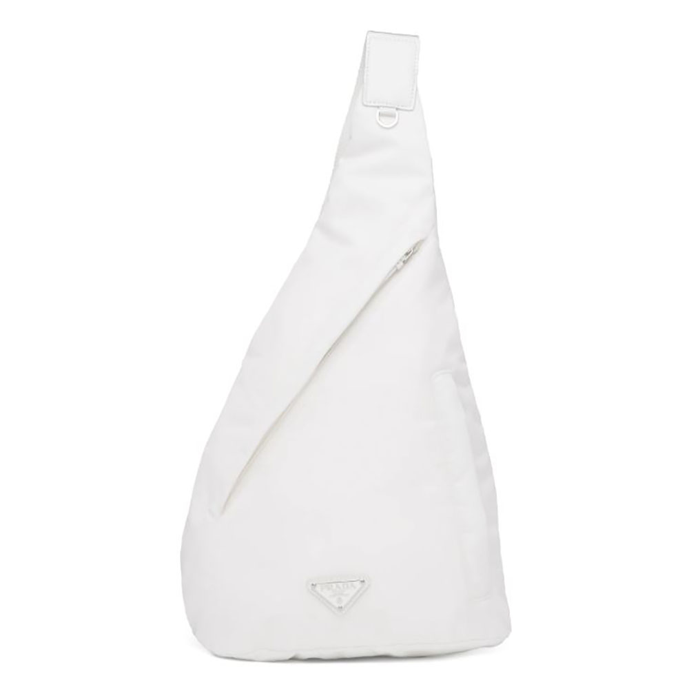 Front view of Prada Women Re-Nylon and Leather Backpack-White with logo