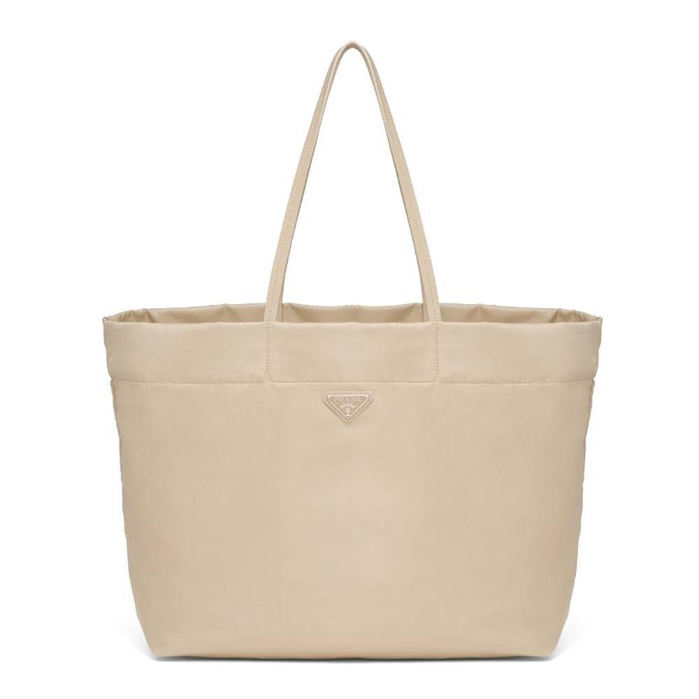 Front view of Prada Women Re-Nylon and Saffiano Leather Tote Bag-Beige