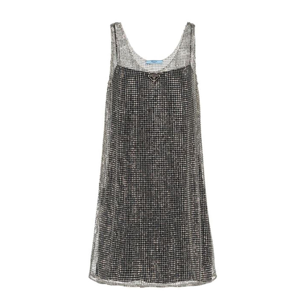 Front view of Prada Women Rhinestone Embroidered Mesh Mini-Dress in black
