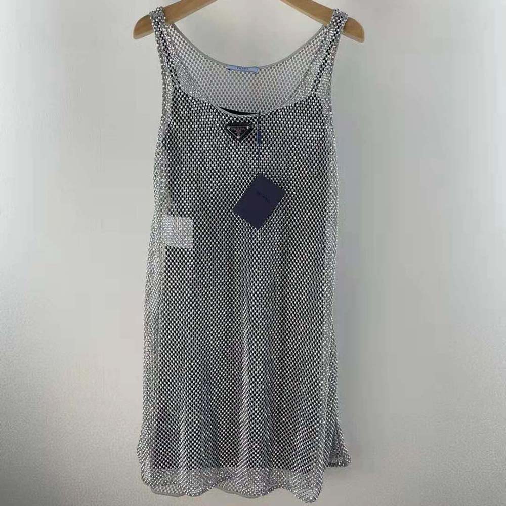 Close-up detail of rhinestone embroidery on Prada Women Rhinestone Embroidered Mesh Mini-Dress