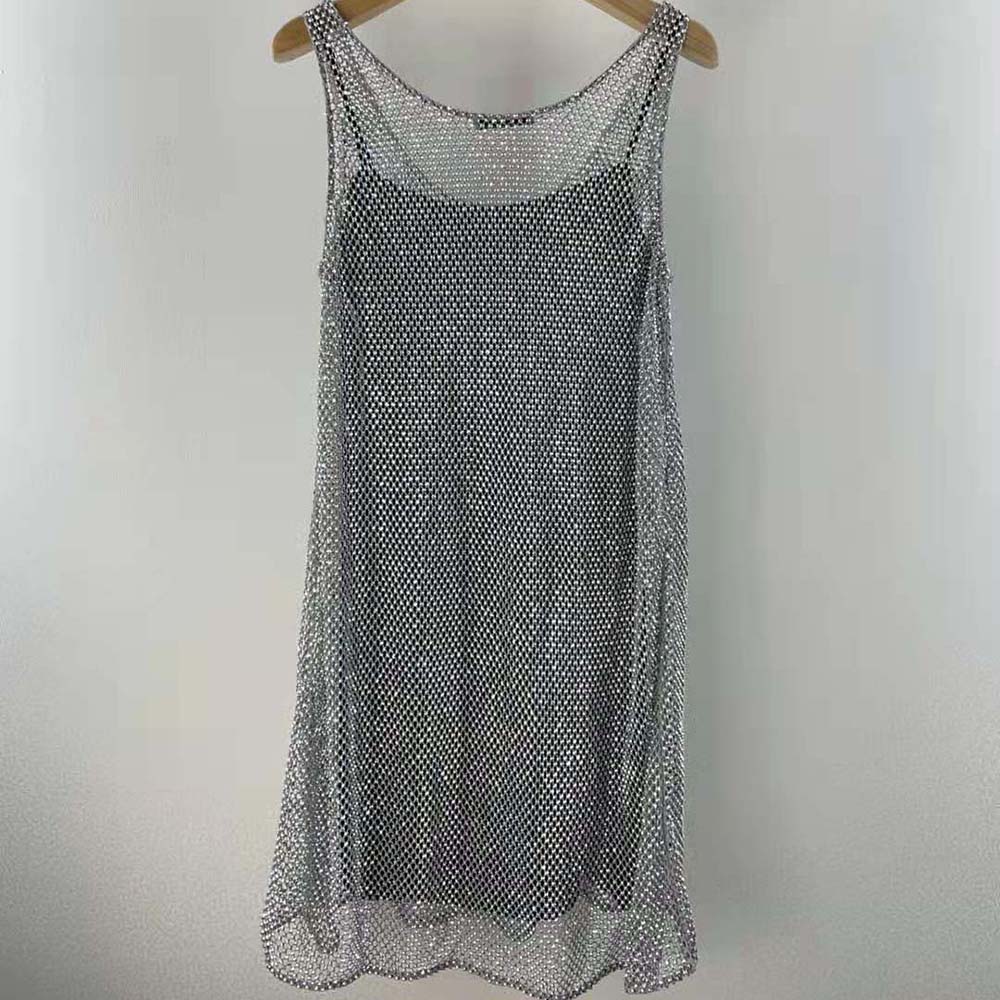 Back view showing invisible zip on Prada Women Rhinestone Embroidered Mesh Mini-Dress