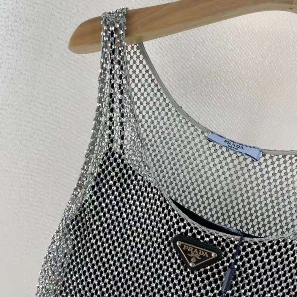 Prada Women Rhinestone Embroidered Mesh Mini-Dress - image 6