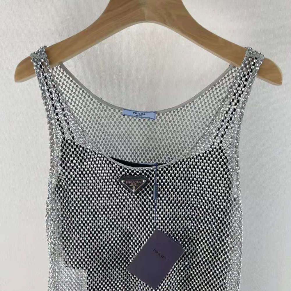 Prada Women Rhinestone Embroidered Mesh Mini-Dress - image 4