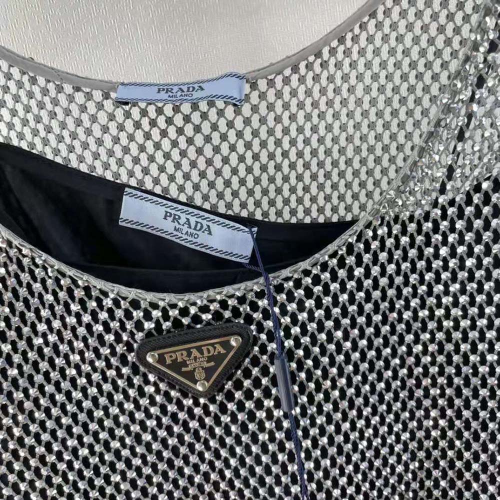 Prada Women Rhinestone Embroidered Mesh Mini-Dress - image 8