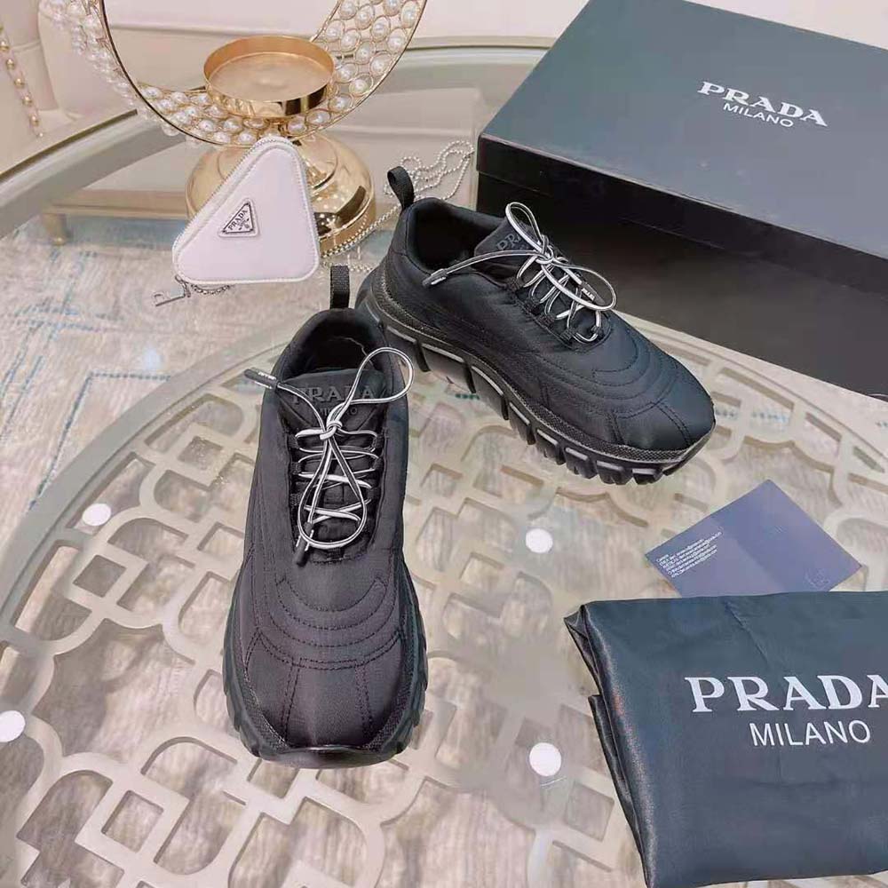 Top-down angle showing laces of Prada Women Rush Gabardine Sneakers
