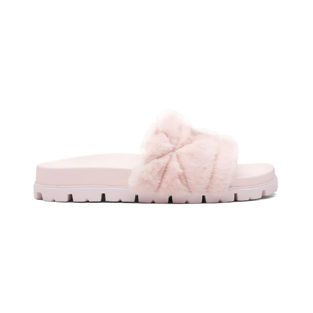 Side view of Prada Women Shearling Slides in 20mm Heel-Pink