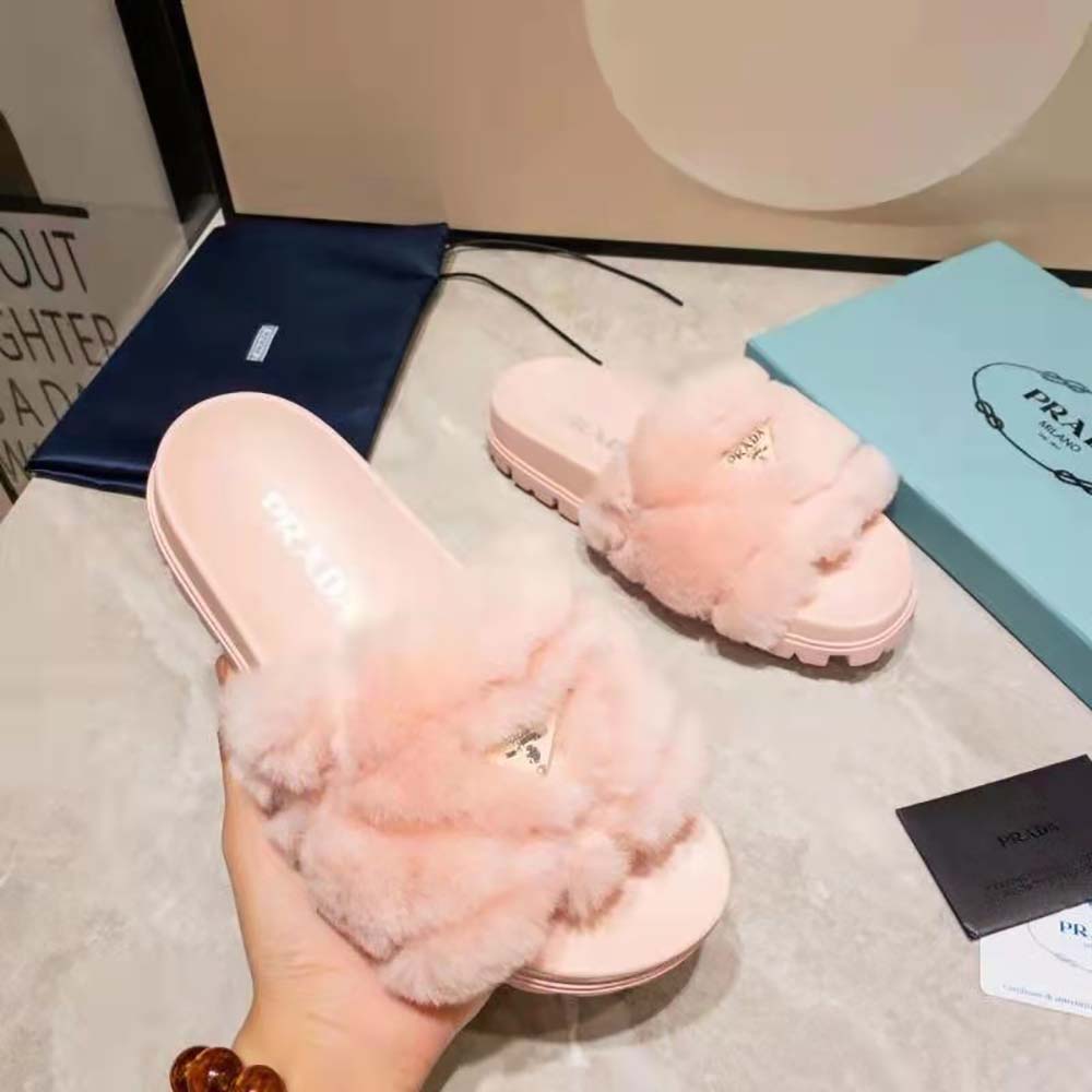 Top angle showing open toe design of Prada Women Shearling Slides in pink