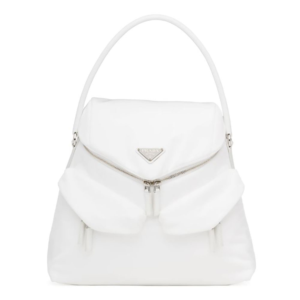 Front view of Prada Women Signaux Nylon and Leather Hobo Bag-White