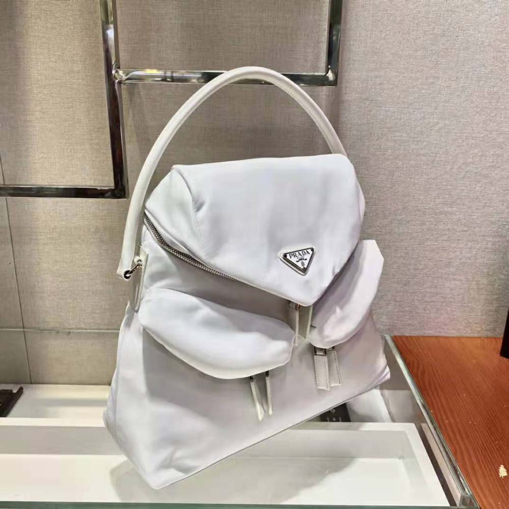 Side angle showing nylon and leather detail of Prada Women Signaux Nylon and Leather Hobo Bag-White