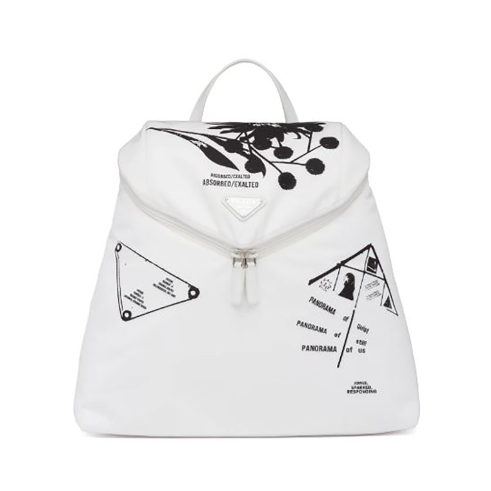 Front view of Prada Women Signaux Printed Nylon Backpack-White in black