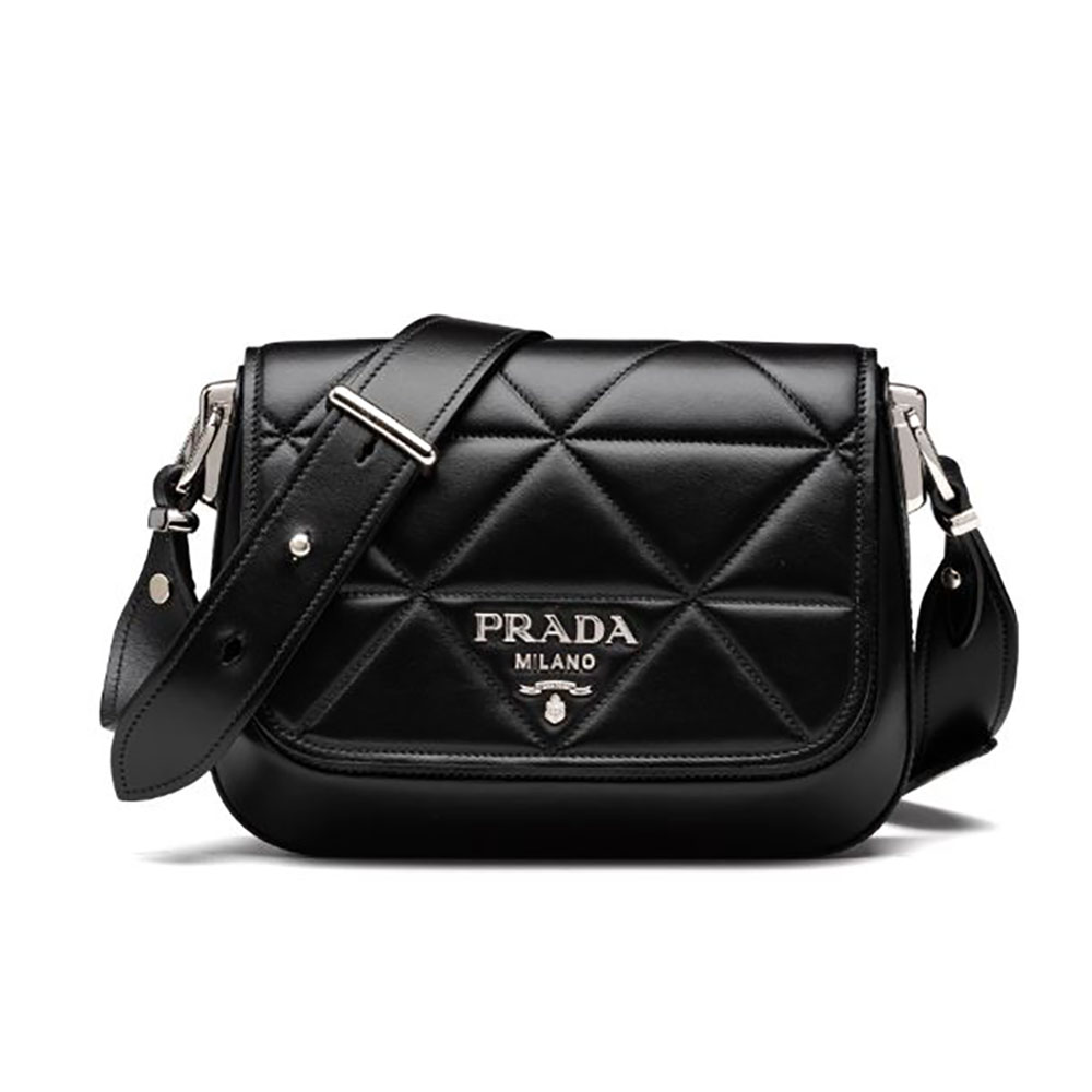 Front view of Prada Women Spectrum Leather Bag-Black with flap closed