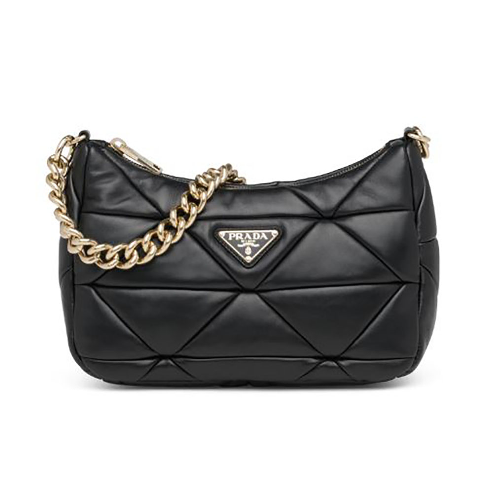 Front angle view of Prada Women System Nappa Leather Patchwork Shoulder Bag-Black