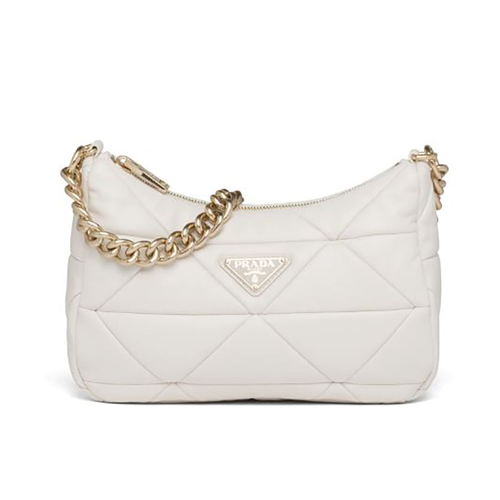 Front angle of Prada Women System Nappa Leather Patchwork Shoulder Bag-White