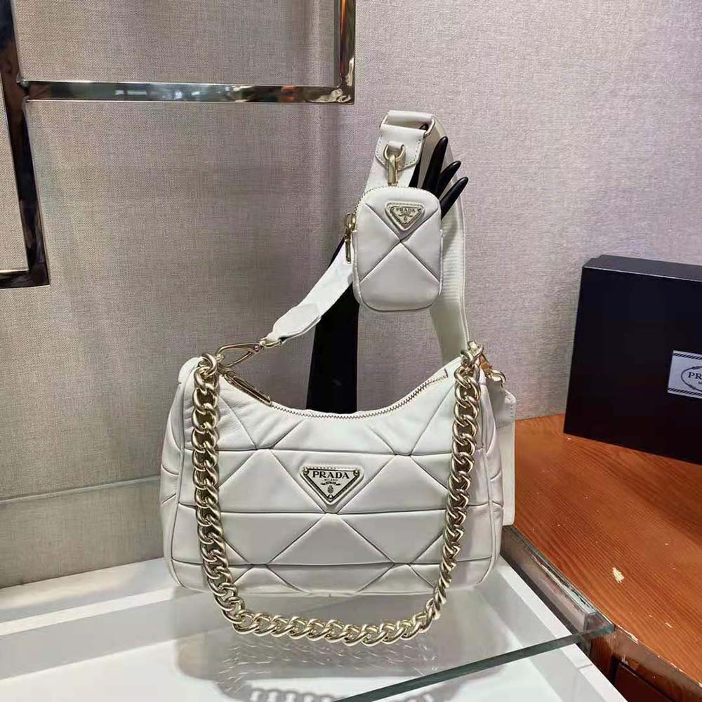 Close-up detail of white nappa leather patchwork on Prada shoulder bag