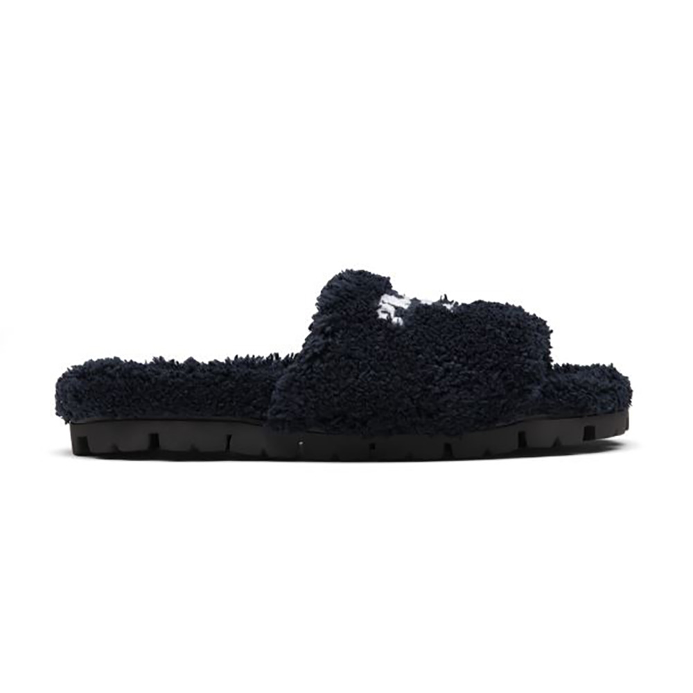 Side view of Prada Women Terry Cloth Slides-Black showing silhouette