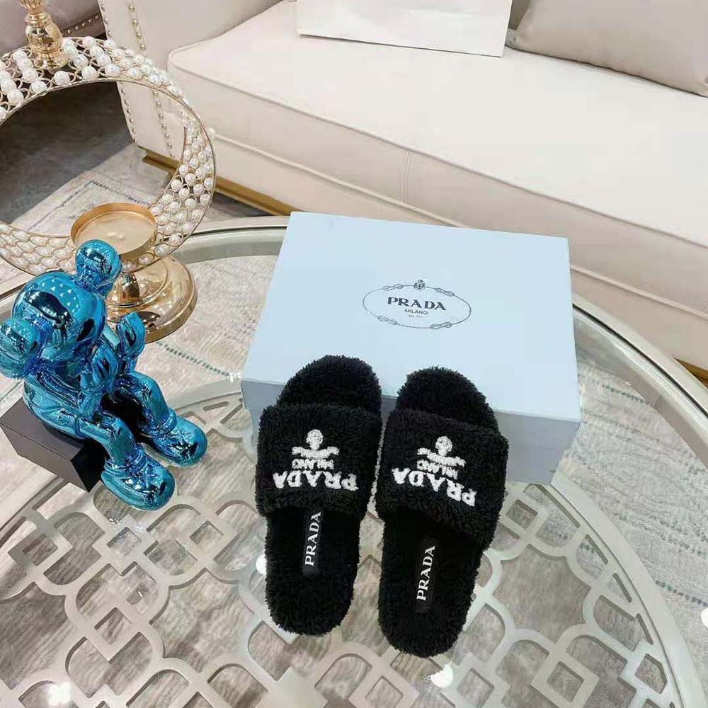 Top angle of Prada Women Terry Cloth Slides-Black highlighting open-toe design
