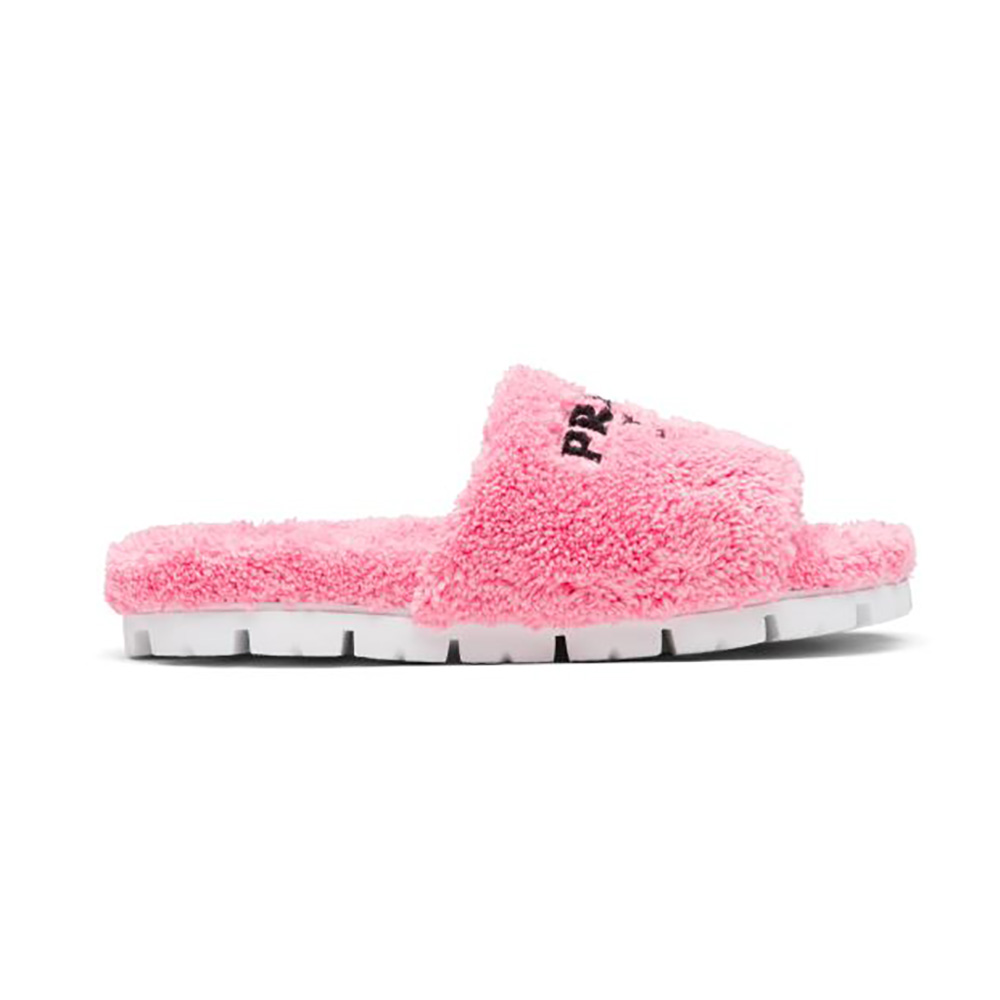 Side view of Prada Women Terry Cloth Slides-Pink showing soft terry cloth