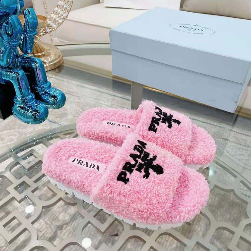 Top close-up of pink Prada Women Terry Cloth Slides highlighting logo plaque