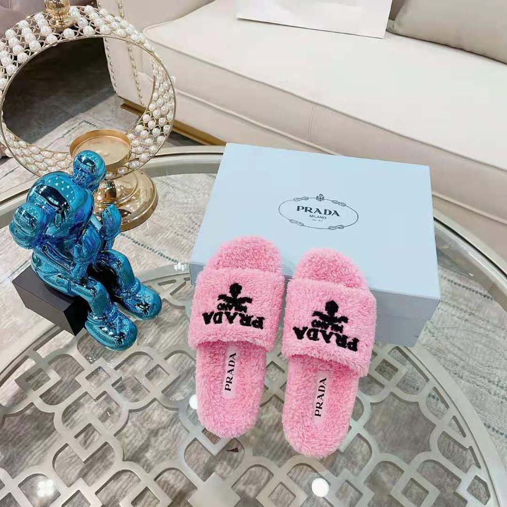 Rear angle of Prada Women Terry Cloth Slides-Pink with cushioned sole visible