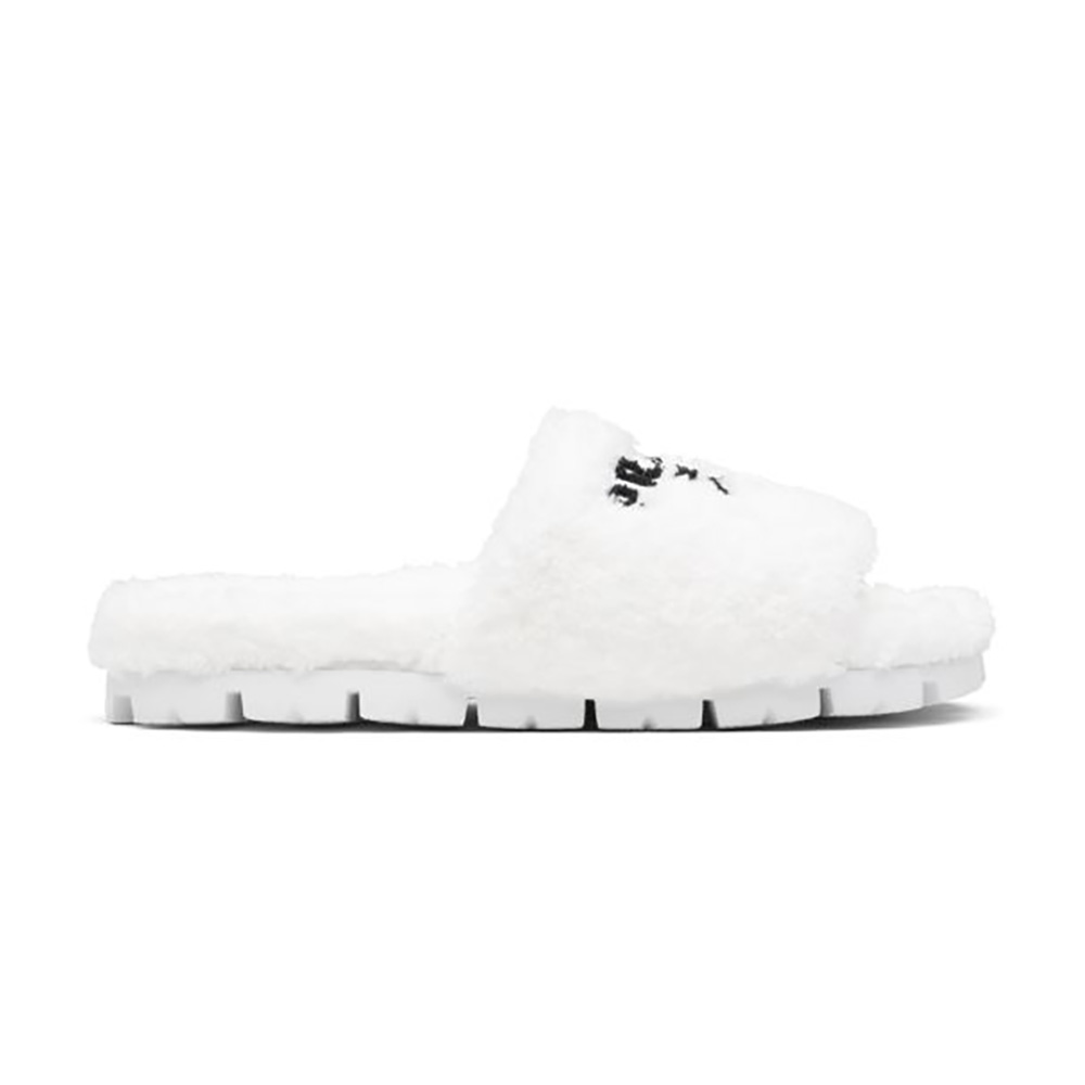 Side view of Prada Women Terry Cloth Slides-White showing profile