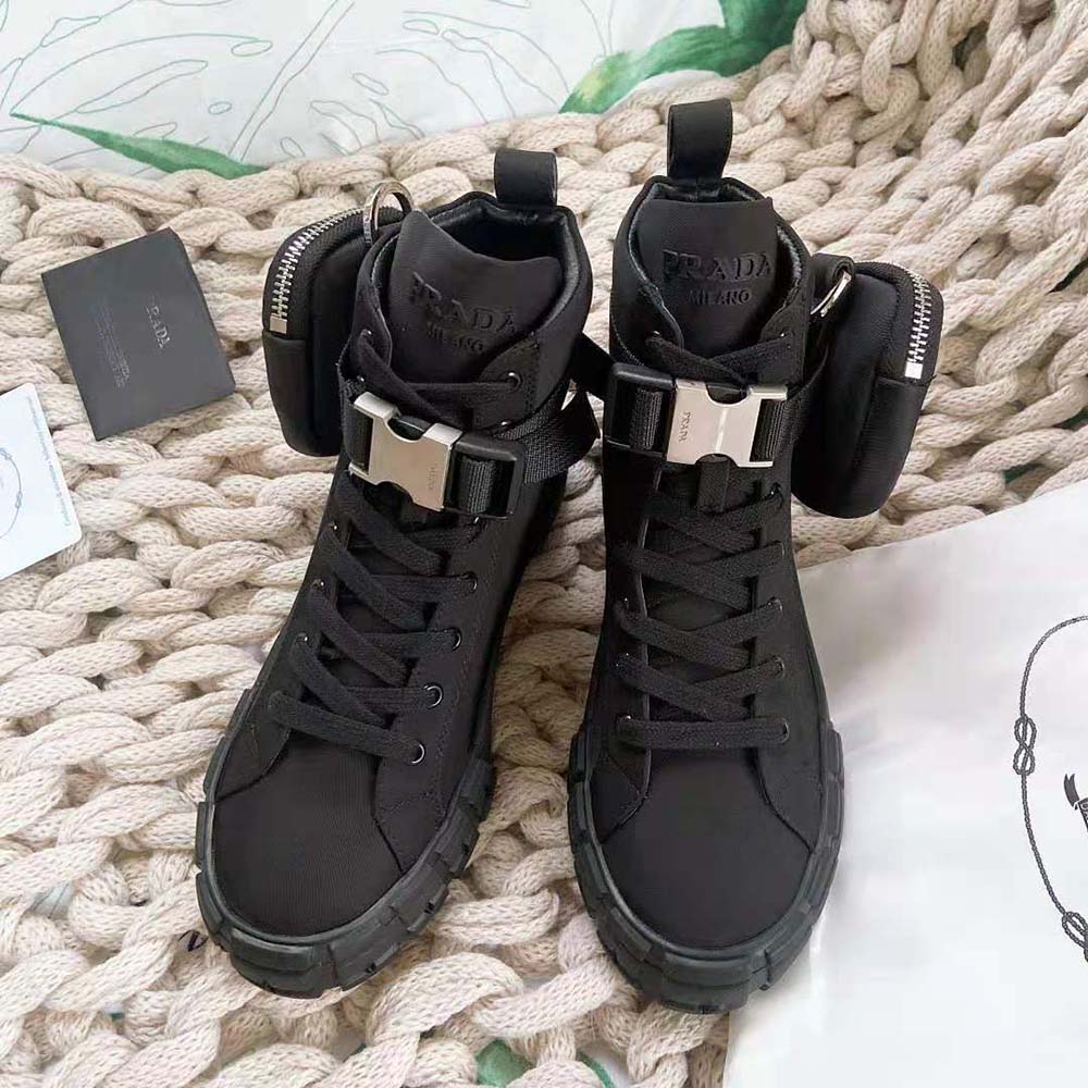 Overhead view of Prada Unisex Wheel Re-Nylon High-top Sneakers-Black pair