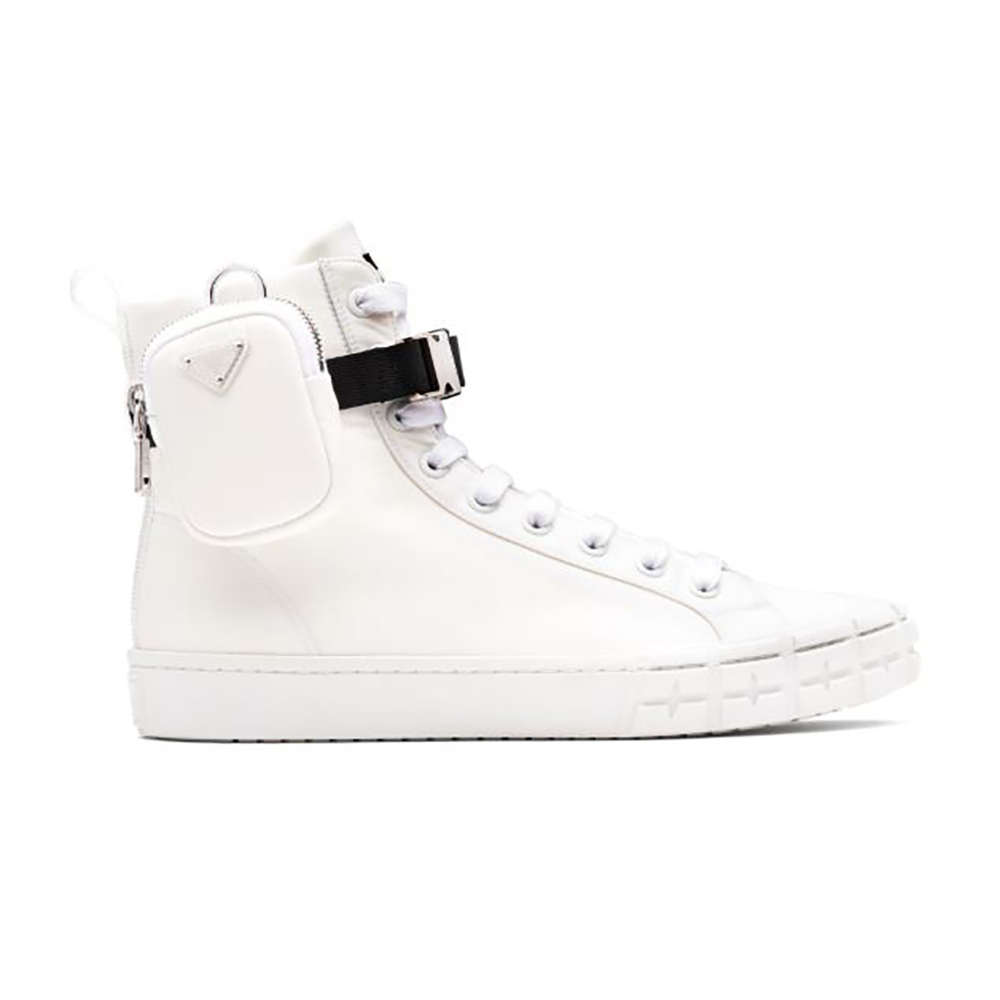 Side angle of Prada Women Wheel Re-Nylon High-top Sneakers-White showing silhouette