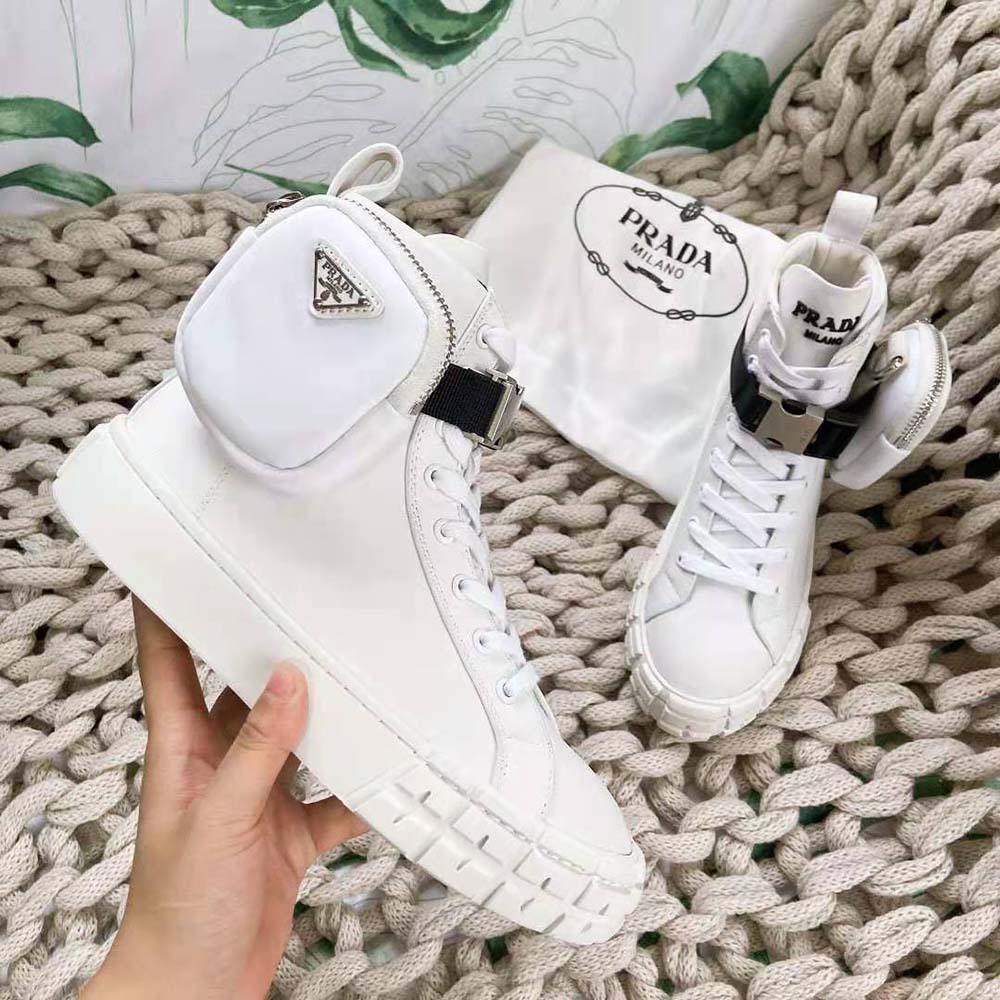 Top view of lace-up detail on Prada Women Wheel Re-Nylon High-top Sneakers