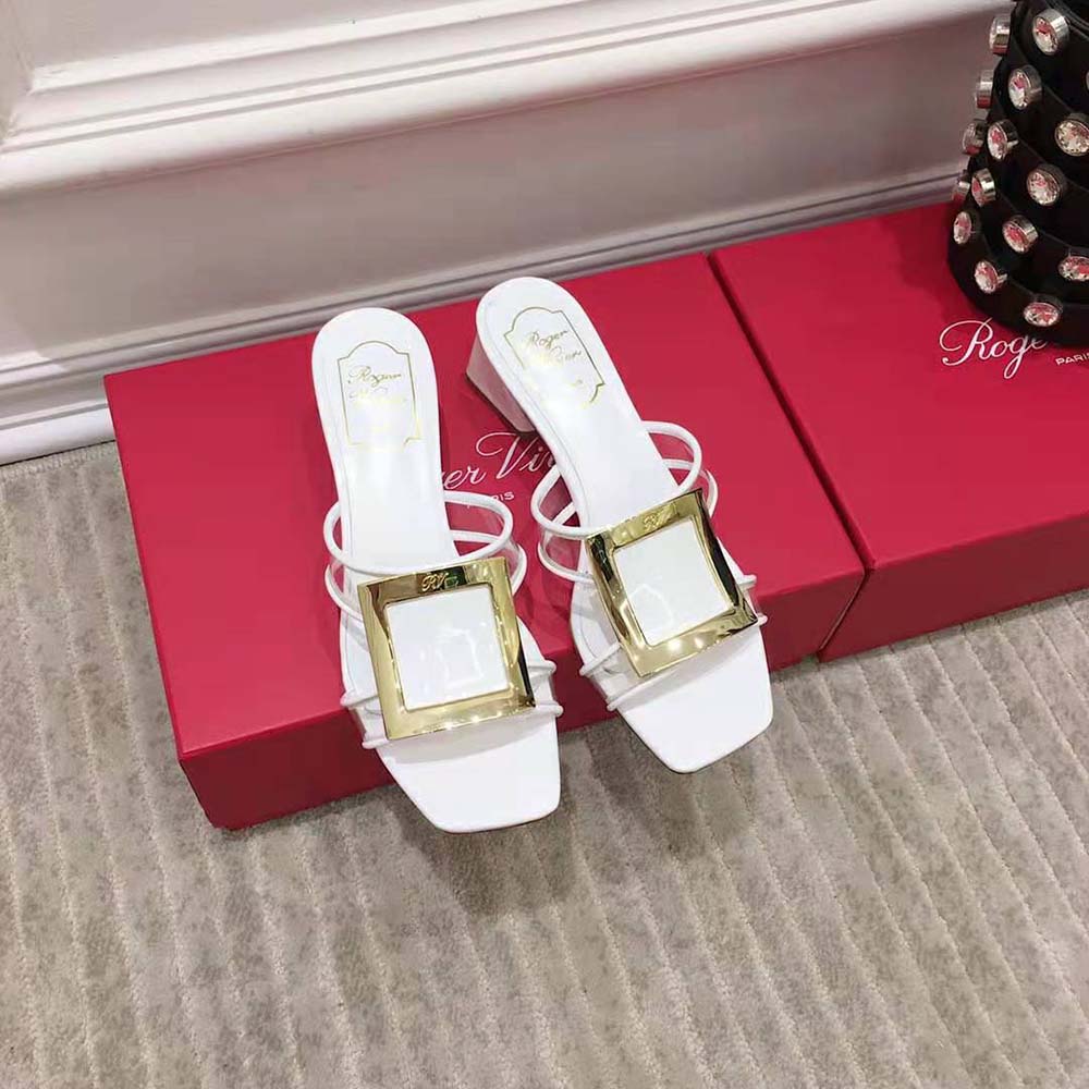 Close-up of silver metal buckle on Roger Vivier Women Bikiviv Mules