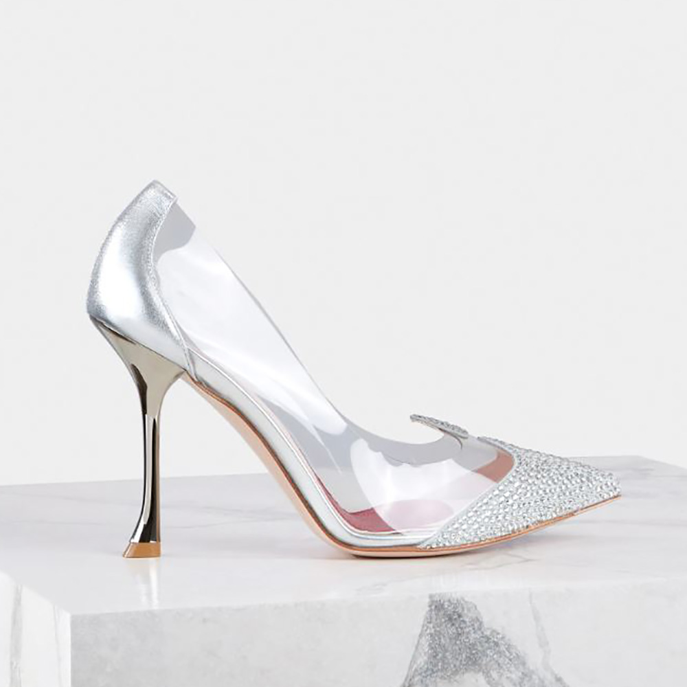 Side view of Roger Vivier Women I Love Vivier Crystal Pumps in silver PVC