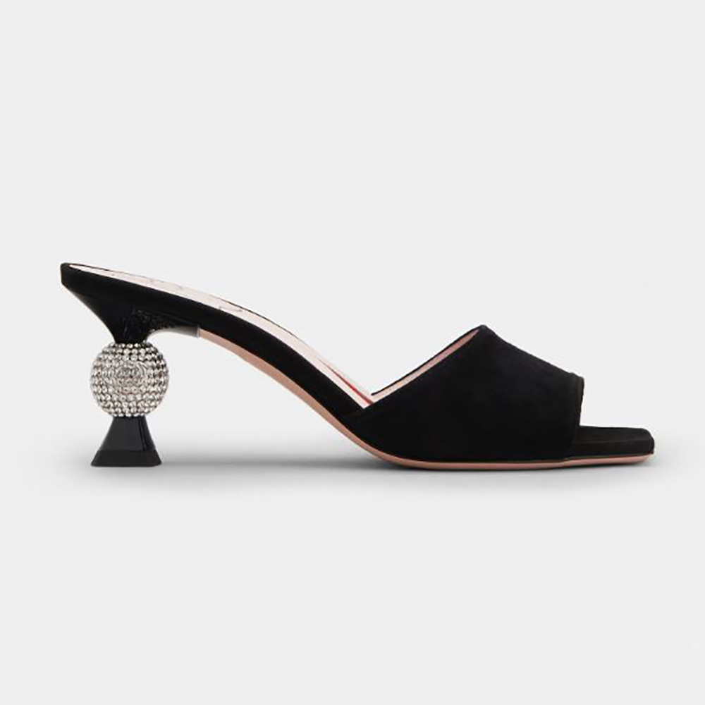 Side view of Roger Vivier Women Marlene Strass Mules in Suede-Black