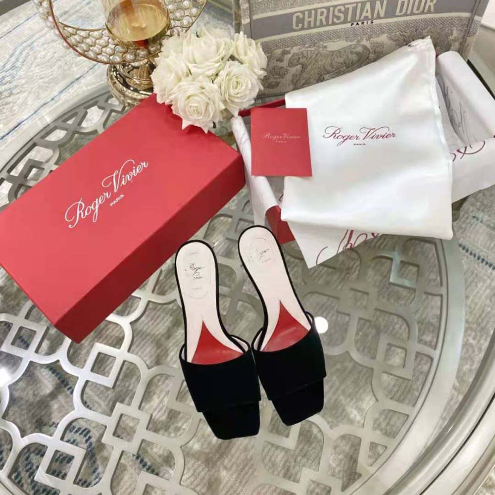 Top angle showing black suede and heel of Roger Vivier Women Marlene Mules