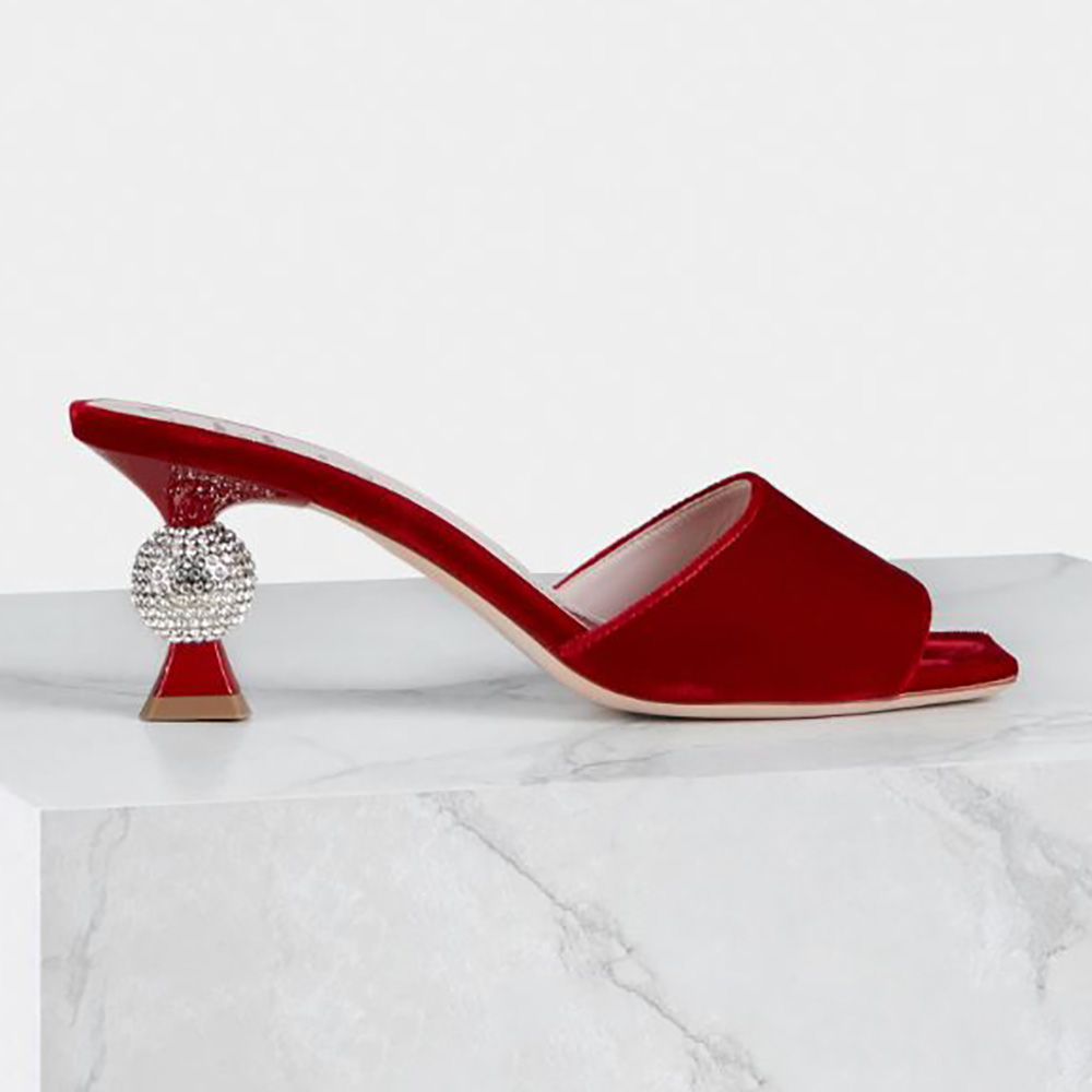 Side view of Roger Vivier Women Marlene Strass Mules in Suede-Red