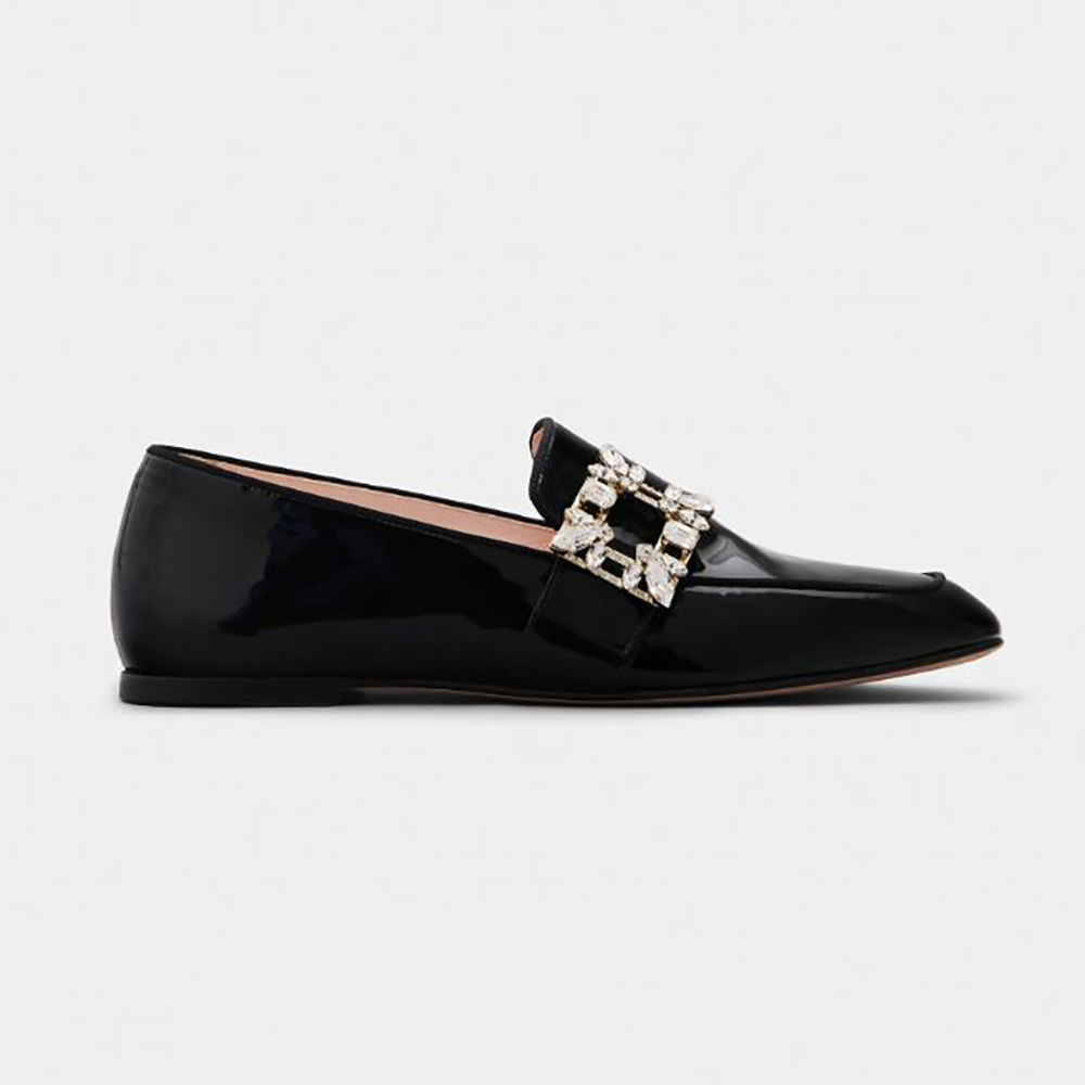 Side angle of Roger Vivier Women Mini Broche Vivier Buckle Loafers in Patent Leather-Black