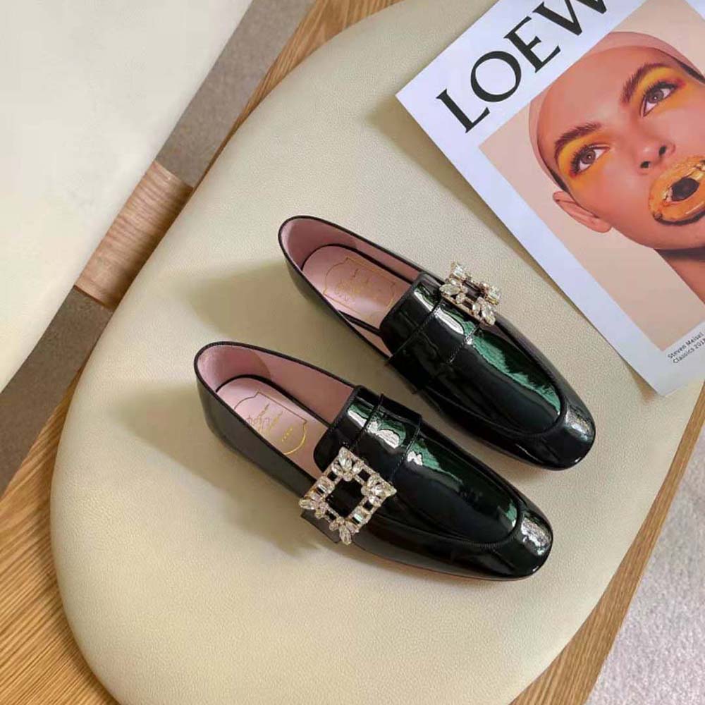 Top view showing sleek patent leather on Roger Vivier Women Mini Broche Vivier Buckle Loafers