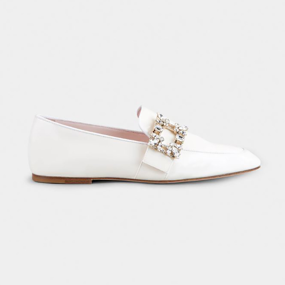 Side angle of Roger Vivier Women Mini Broche Vivier Buckle Loafers in Patent Leather-White