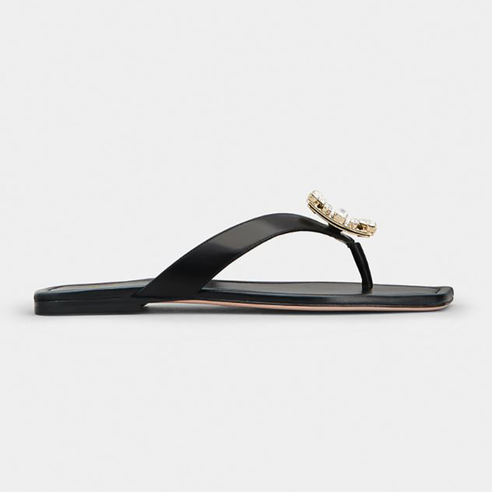Side view of Roger Vivier Women Mini Broche Vivier Buckle Thong Mules in Leather-Black