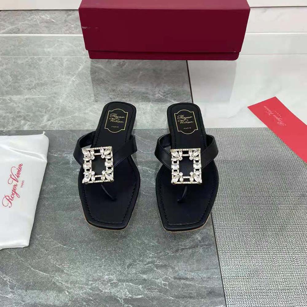 Close-up of iconic buckle detail on Roger Vivier Mini Broche Vivier Thong Mules