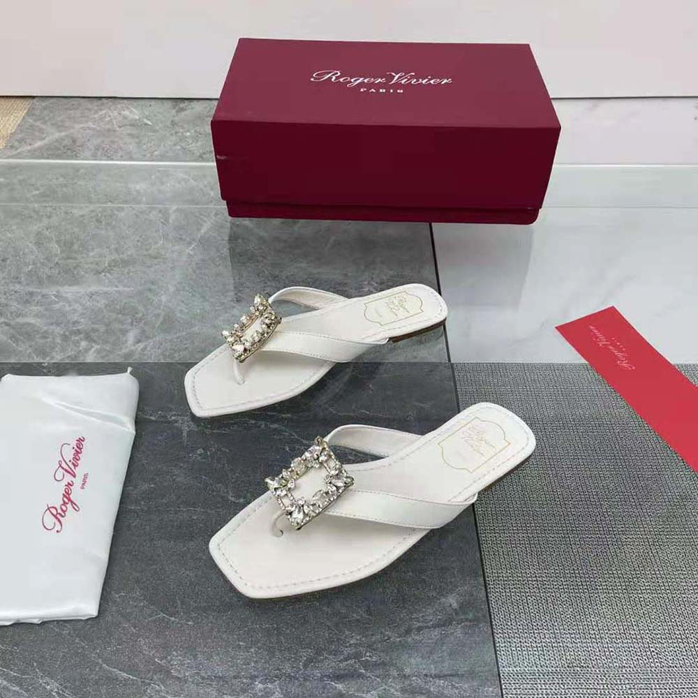 Top-down angle showing thong design of Roger Vivier Women Mini Broche Vivier Buckle Thong Mules