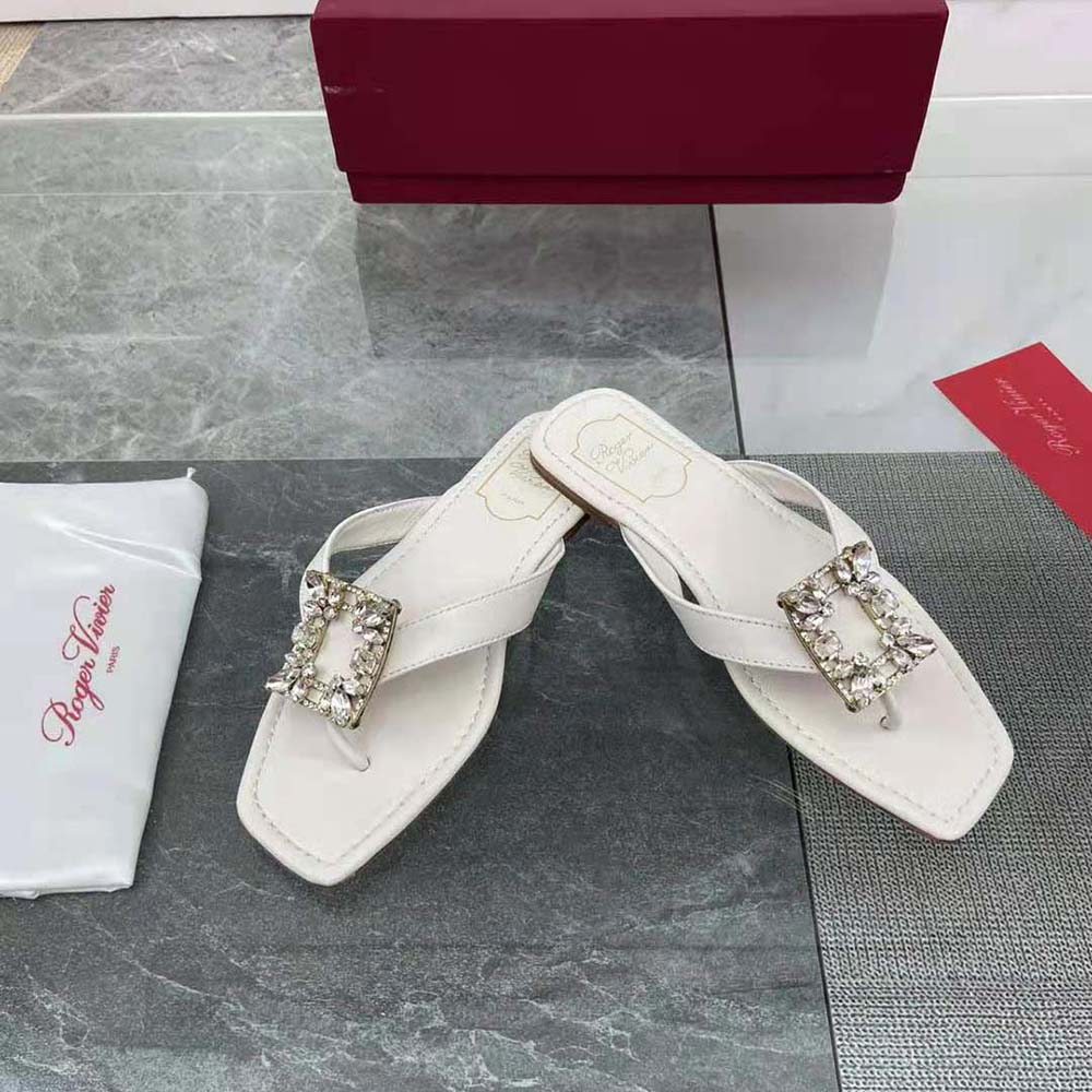Roger Vivier Women Mini Broche Vivier Buckle Thong Mules in Leather-White - image 4