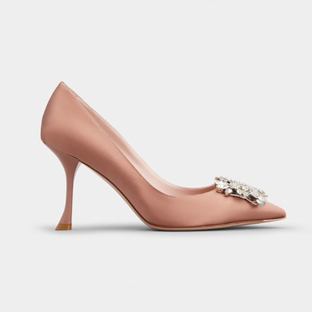 Side profile of Roger Vivier Women RV Bouquet Strass Buckle Pumps in Satin-Sandy