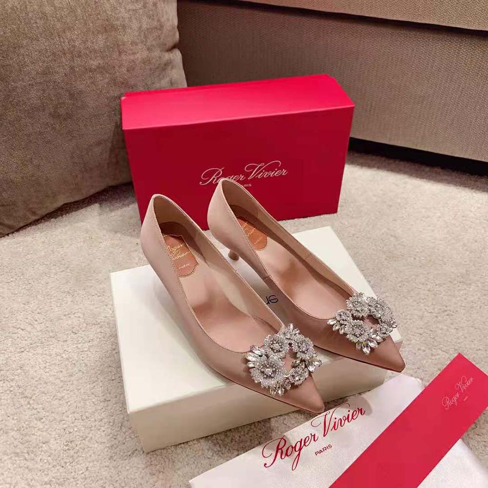 Top view showing pointed toe and satin finish of Roger Vivier Bouquet Pumps