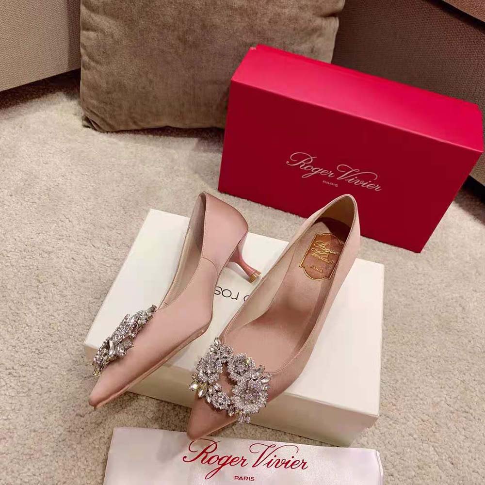 Roger Vivier Women RV Bouquet Strass Buckle Pumps in Satin-Sandy - image 4