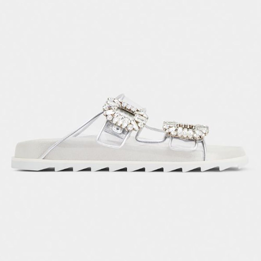Side profile of Roger Vivier Women Slidy Viv’ Strass Buckle Mules in PVC