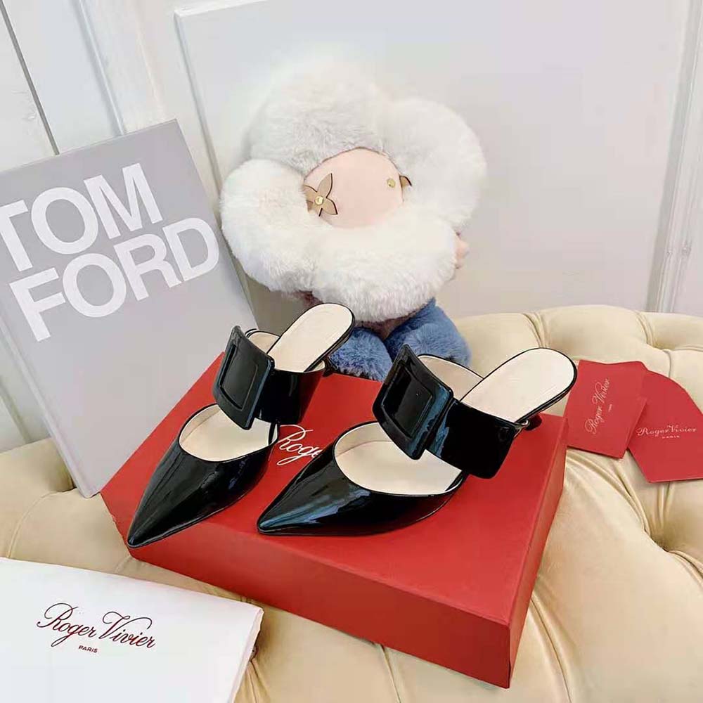 Close-up of signature square buckle on Roger Vivier Viv’ In The City Mules